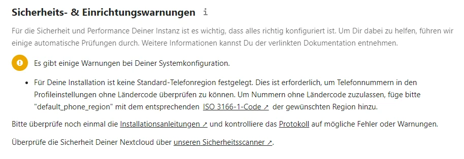 Dialogfenster mit der Überschrift Sicherheits- & Einrichtungswarnungen; mehrzeiliger Text zur Sicherheit und Systemkonfiguration.