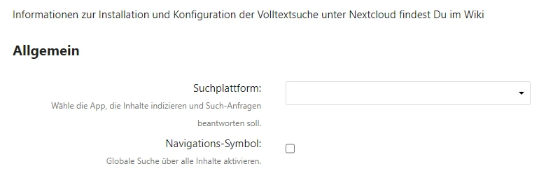 Screenshot einer Einstellungsseite: Allgemein, Suchplattform-Dropdown, Navigations-Symbol mit Checkbox, Hinweis zur Suche.