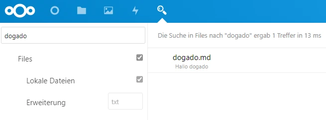 Screenshot einer Suchoberfläche: Suchbegriff 'dogado' mit Treffer dogado.md – Hallo dogado; linke Dateiliste.
