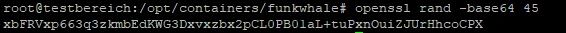 Terminalfenster mit Root-Prompt, Befehl 'openssl rand -base64 45' und einer langen Base64-Zeichenkette.