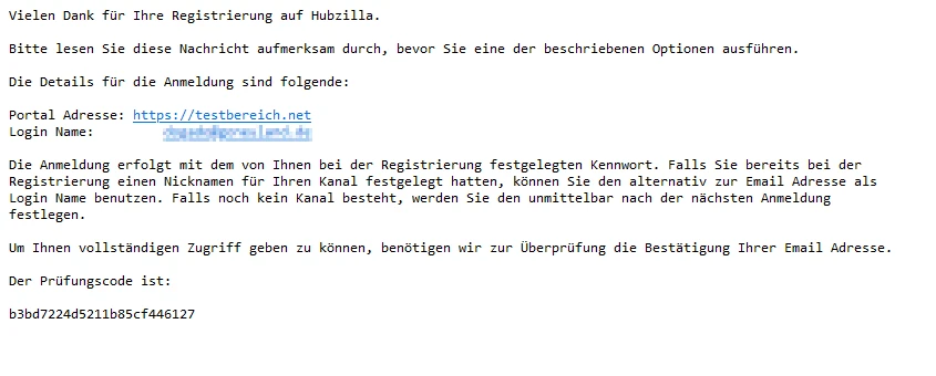 Screenshot eines weißen Displays mit deutschem Text: 'Vielen Dank für Ihre Registrierung auf Hubzilla' und weiterem Text.