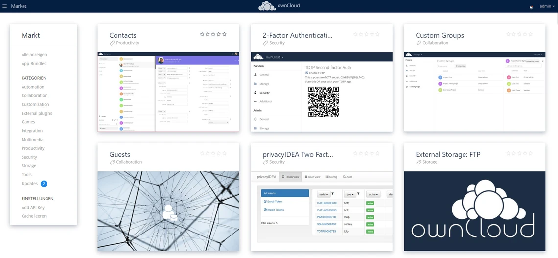 OwnCloud-Administrationsseite: linke Leiste, Kacheln mit Contacts, 2-Factor Auth, Custom Groups, Guests, FTP, OwnCloud-Logo