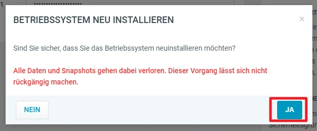 Bestätigungsdialog: Titel 'BETRIEBSSYSTEM NEU INSTALLIEREN'; Warntext in Rot; Knöpfe 'NEIN' und 'JA'.