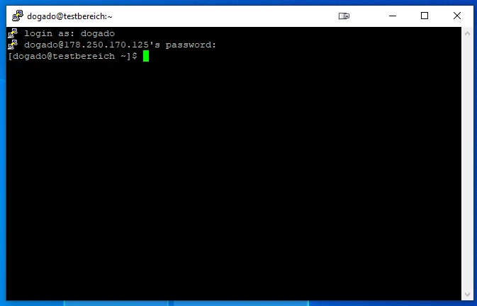 Terminalfenster mit schwarzem Hintergrund; Text: login as: dogado und dogado@178.250.170.125's password: Cursor sichtbar