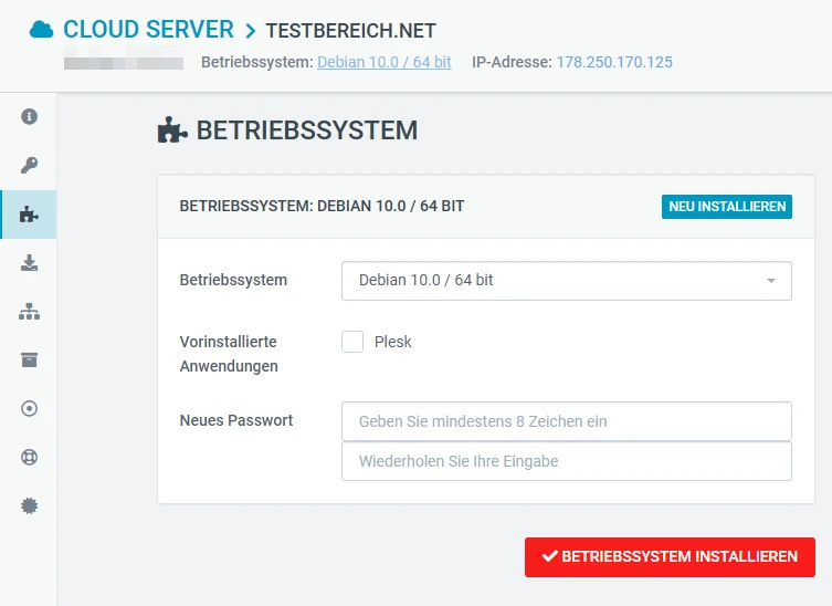 Screenshot einer Cloud-Server-Oberfläche: Debian 10.0/64 Bit, Installieren-Button, Passwortfelder, links Symbolleiste.