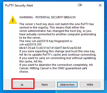 PuTTY-Warnung: Dialogfenster mit Warnsymbol, Text zur Host-Key-Abweichung, Buttons Ja, Nein, Abbrechen, Hilfe.