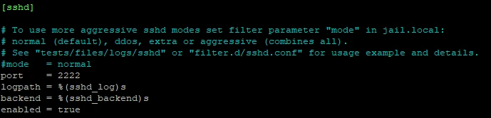 Terminalanzeige mit SSHD-Konfiguration: Modus=2222, Port=2222, logpath=$(sshd_log), backend=$(sshd_backend)s, enabled=true