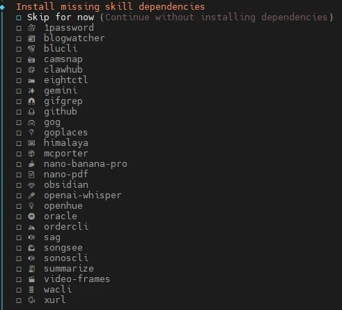 Terminalfenster mit schwarzem Hintergrund; Überschrift 'Install missing skill dependencies' und lange Liste leerer Checkboxen.