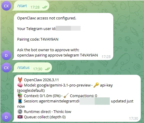 Telegram-Chat auf grünem Hintergrund; OpenClaw: access not configured, Pairing code T4VY9AN.