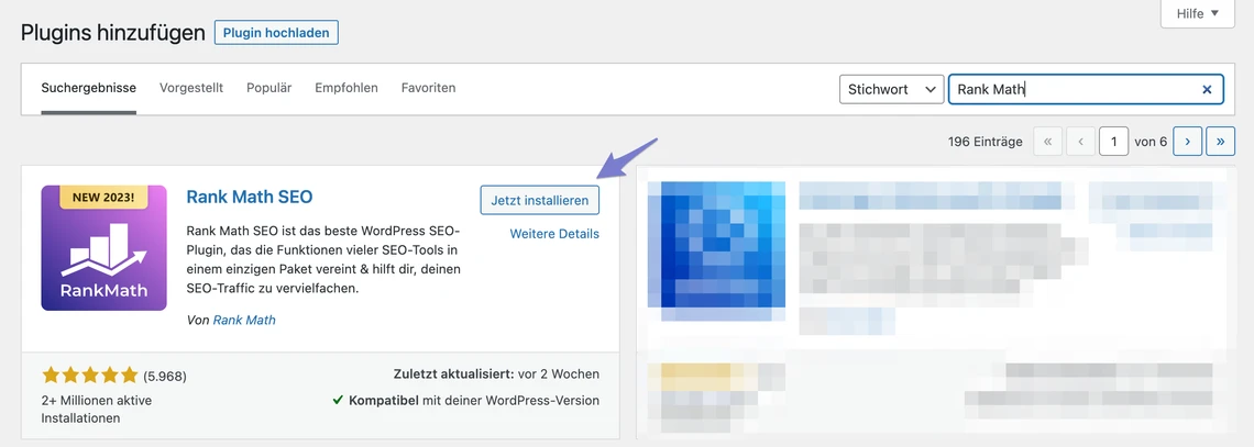 Suchergebnisse für Plugins in WordPress. Rank Math SEO mit dem Button "Jetzt installieren"