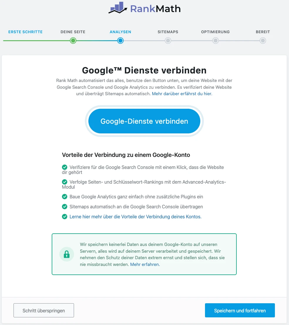 Rank Math Einrichtungsassistent: MIt Google Diensten verbinden