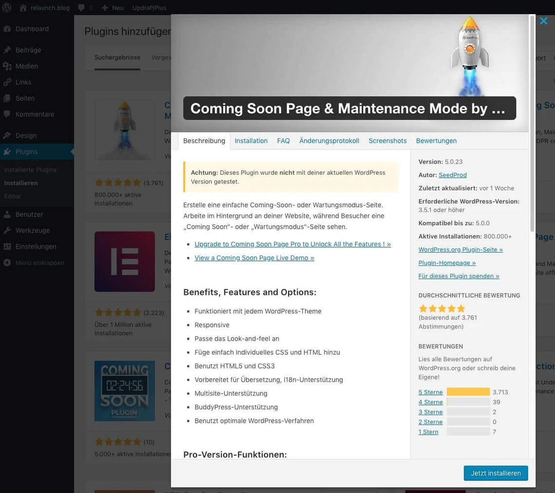 WordPress-Admin-Dashboard mit einem schwebenden Fenster 'Coming Soon Page & Maintenance Mode' und Raketen-Icon.