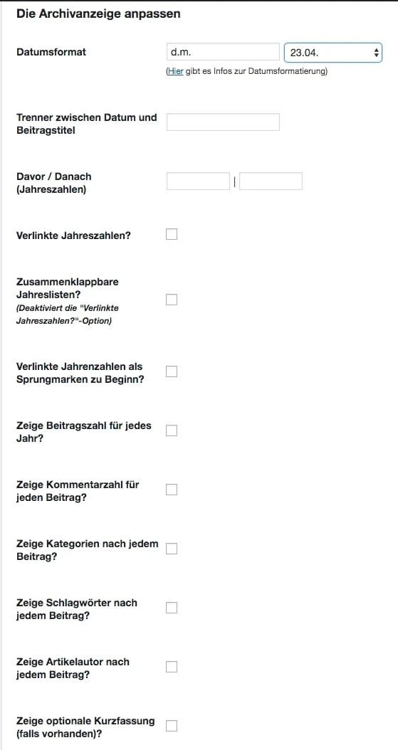 Konfigurationsmenü von Simple Yearly Archive von relaunch.blog