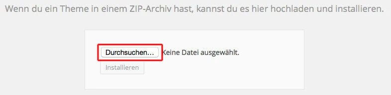 Zip-Datei des Themes suchen Screenshot WordPress Backend