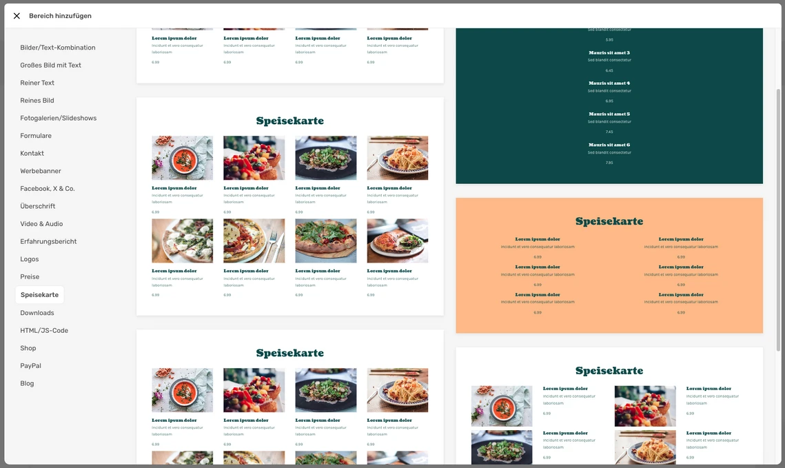 Screenshot einer Website-Vorlage: linke Seitenleiste, mehrspaltiges Speisekarten-Foto-Grid mit farbigen Blöcken.