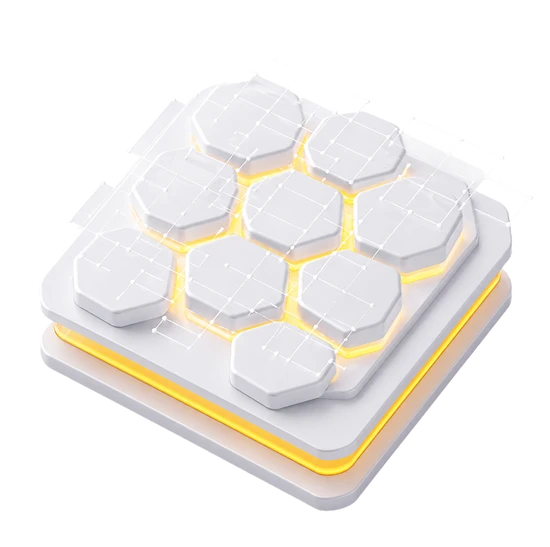 Weiße sechseckige Kacheln auf quadratischem Pad mit gelb leuchtender Untergrundbeleuchtung.