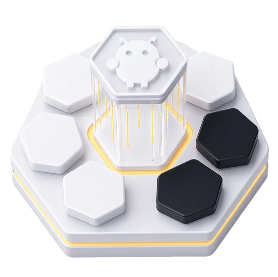 Weißer hexagonaler Grund mit weißen und schwarzen Sechsecken; zentrale transparente Säule mit gelben Linien.