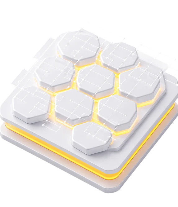 Weiße sechseckige Kacheln auf quadratischem Pad mit gelb leuchtender Untergrundbeleuchtung.