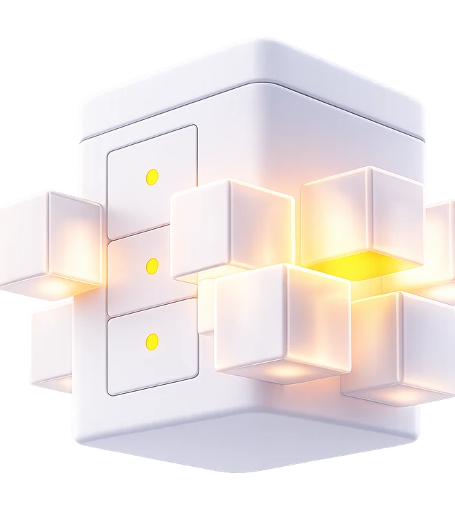 Weiße kubusförmige Lampe mit leuchtenden gelben Würfeln an mehreren Seiten, vor dunklem Hintergrund.