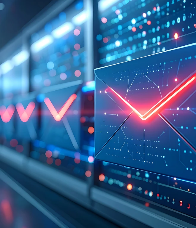 Rechenzentrum mit Serverracks und blauen Lichtern; Monitore zeigen rotes V-Muster.