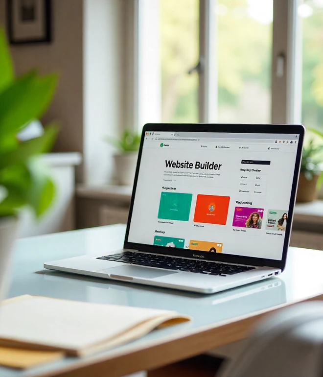 Laptop auf Schreibtisch mit geöffnetem Website-Builder-Fenster; Pflanzen und Fenster im Hintergrund.
