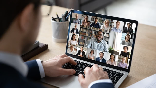 Person von hinten sitzt an einem Laptop; Bildschirm zeigt eine Videokonferenz mit vielen Teilnehmenden in Galerieansicht.