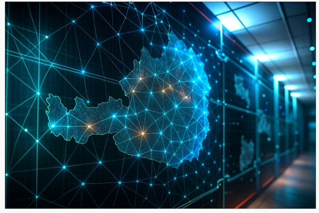 Blaue Netzverbindungen und Knoten über einer Konturkarte, im Hintergrund Serverracks in einem Rechenzentrum.