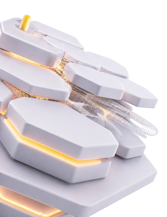 Mehrere weiße Tastenkappen in diagonaler Anordnung, orange Beleuchtung von unten sichtbar.