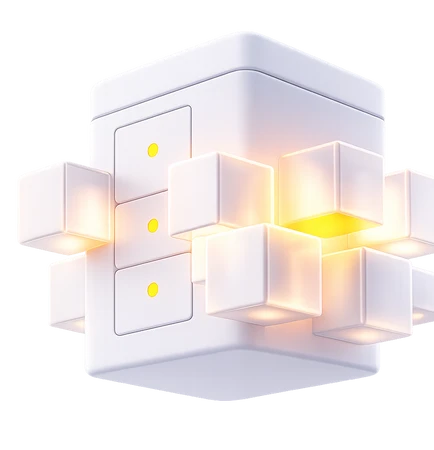 Weiße kubusförmige Lampe mit leuchtenden gelben Würfeln an mehreren Seiten, vor dunklem Hintergrund.