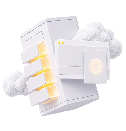 Weißes, mehrteiliges technisches Gerät mit gelben LEDs, von Wolken umgeben; Frontplatte mit Globus-Symbol.