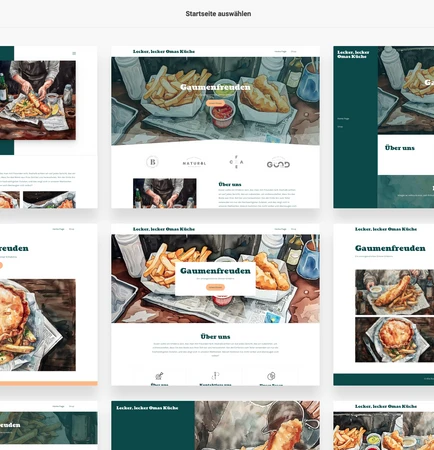 Mehrere Website-Vorlagen im Grid, mit Food-Fotografie (Kuchen, Gebäck, Snacks) in Weiß- und Grüntönen.