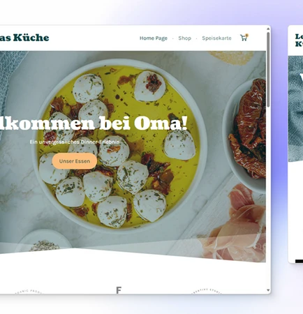 Screenshot einer Küchenseite mit 'Willkommen bei Oma!', Teller mit runden Speisen, blauem Stoffhintergrund.