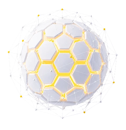 Geodesische Kugel aus weißen Sechsecken mit gelb leuchtenden Kanten, von einem Drahtgitter umgeben.