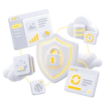 3D-Illustration: Wolke, Shield mit Schloss, Dashboard-Karten, Diagramm- und Datenbank-Icons in Gelb-Weiß.