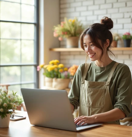Eine Frau in grünem Schürzenkleid sitzt an einem Laptop auf einem Holztisch, umgeben von Topfpflanzen auf Regalen und einem Fenster links.