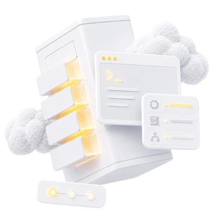 Weiße futuristische Serverbox mit gelben LEDs, Frontpanel mit Schlitzen und kleinem Display; weiße Wolken im Hintergrund.