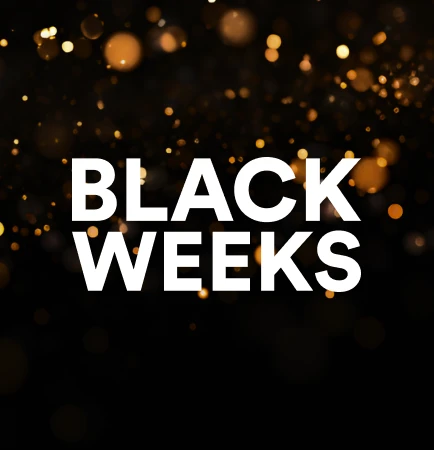 Schwarzer Hintergrund mit goldenen Bokeh-Lichtern; weißer Text "BLACK WEEKS" im Vordergrund.