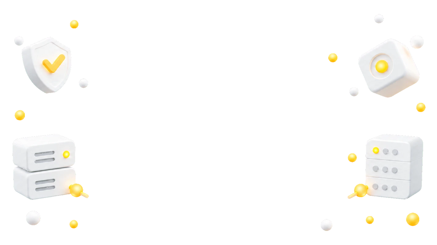 Verkettete weiße 3D-Icons (Geräte und Briefumschlag) verbunden durch gelbe Verbindungselemente, auf dunklem Hintergrund.