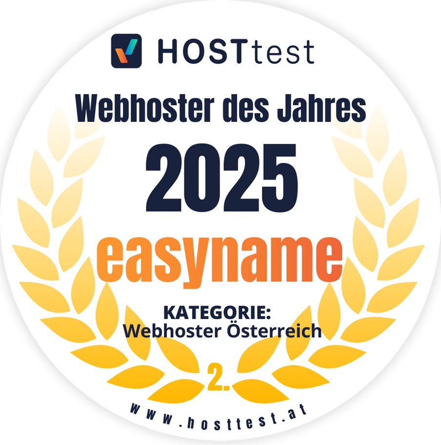 Runder Aufkleber mit HOSTtest-Logo, Text 'Webhoster des Jahres 2025', 'easyname' und Lorbeerkranz.