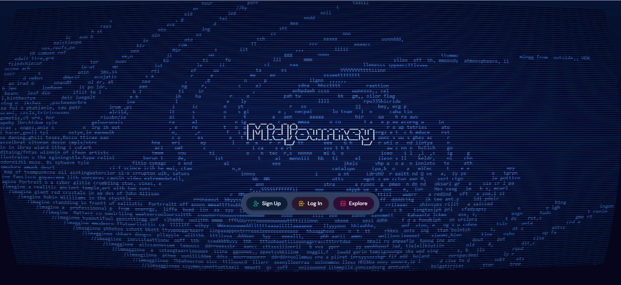 Dunkler blauer Hintergrund mit ASCII-Textmustern; zentrales Logo/Schriftzug 'MyJourney' und drei farbige Buttons.