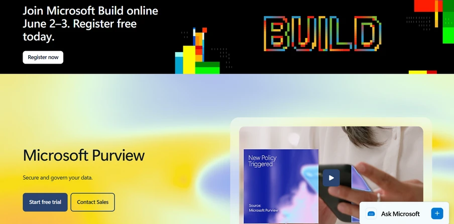 Oben Werbebanner für Microsoft Build; darunter gelb/blau Gradient, weißer gerundeter Rahmen mit Purview-Darstellung und Play-Symbol.