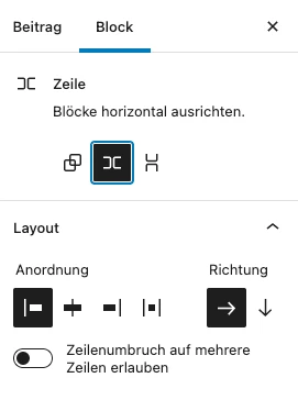 Beitrag Block-Panel, Zeile-Einstellungen, JC-Blocksymbol, Layout- und Richtungs-Icons, Umschalter Zeilenumbruch.