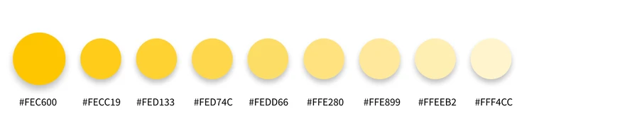 Reihe gelber Kreise von links nach rechts, von dunkelgelb nach hellgelb, mit Hex-Codes darunter.