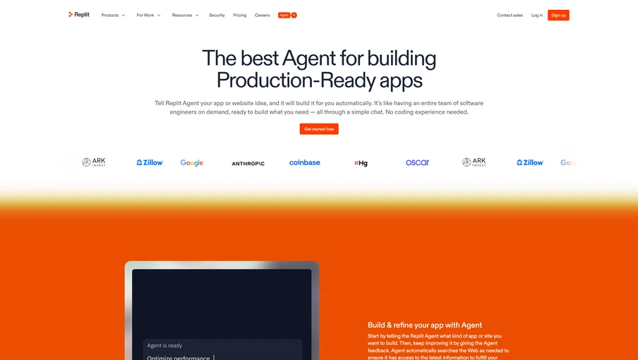 Weiße Kopfzeile mit Logo-Leiste, Überschrift 'The best Agent for building Production-Ready apps', oranger Bereich mit Tablet.