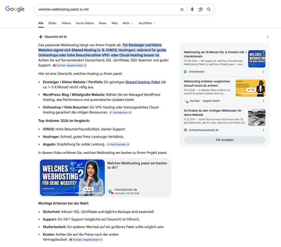 Screenshot einer Google-Suchergebnisseite: Suchleiste oben, linke Trefferliste, rechte Anzeigen; blaue Kachel Welches Webhosting