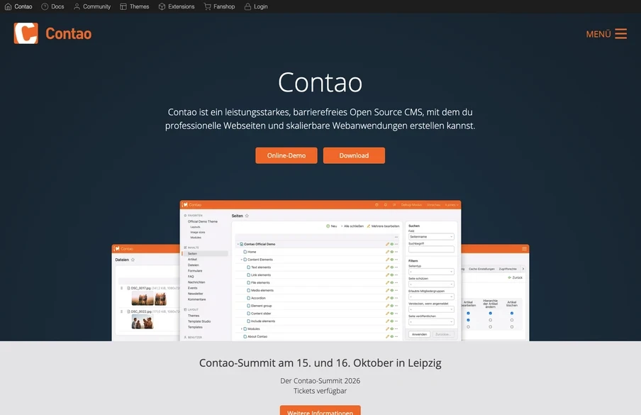 Contao-Startseite mit Logo, großem Titel 'Contao', Textabschnitt, zwei orange Buttons und Browserfenster-Bilder unten.