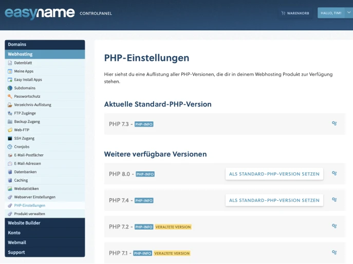 Screenshot des easyname-Adminbereichs: linke Seitenleiste, Hauptbereich 'PHP-Einstellungen' mit PHP-Versionen.