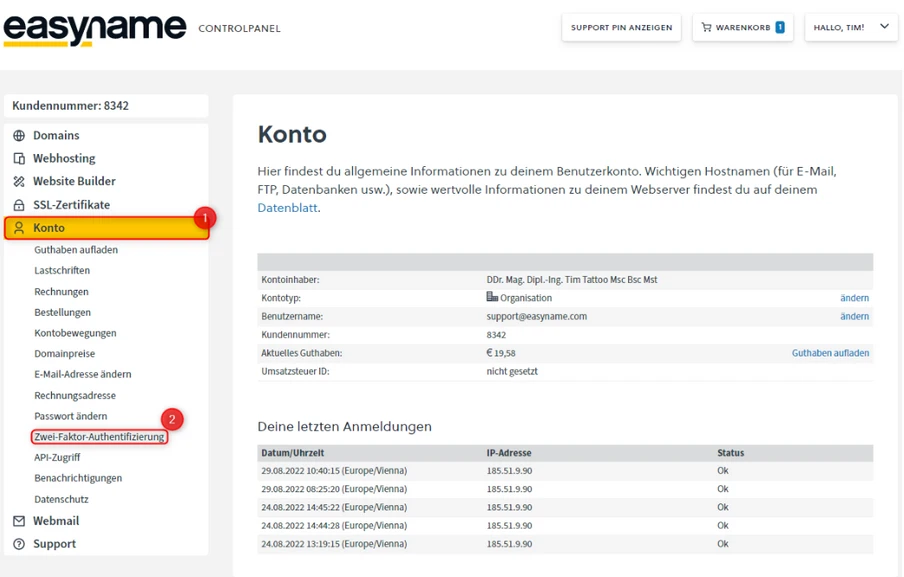 Klicke im folgenden Screen auf den Button "2FA Aktivieren"