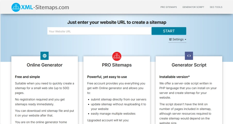 Screenshot von XML-Sitemaps.com: Suchleiste, Start-Button und drei Karten: Online Generator, PRO Sitemaps, Generator Script.