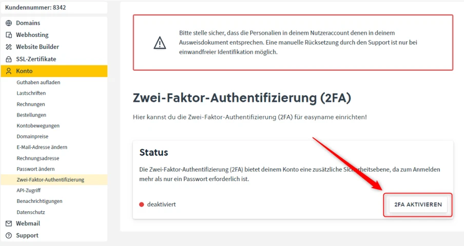 Web-Oberfläche: linke Seitenleiste, Kontakte ausgewählt; 2FA, rote Hinweisbox, Status deaktiviert, Button '2FA AKTIVIEREN'.